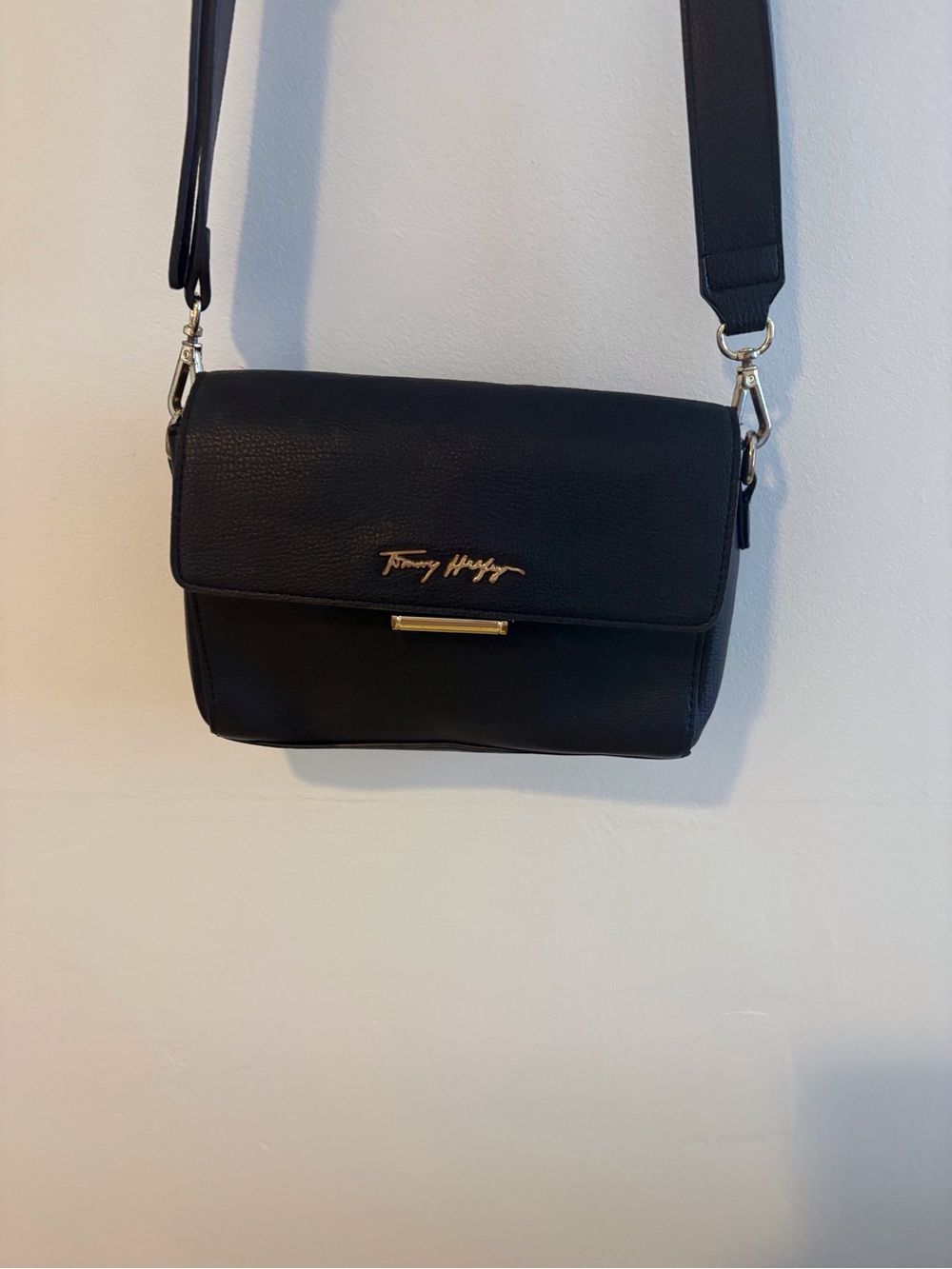 Tommy Hilfiger Black Pebbled Leather Crossbody with Gold Hardware